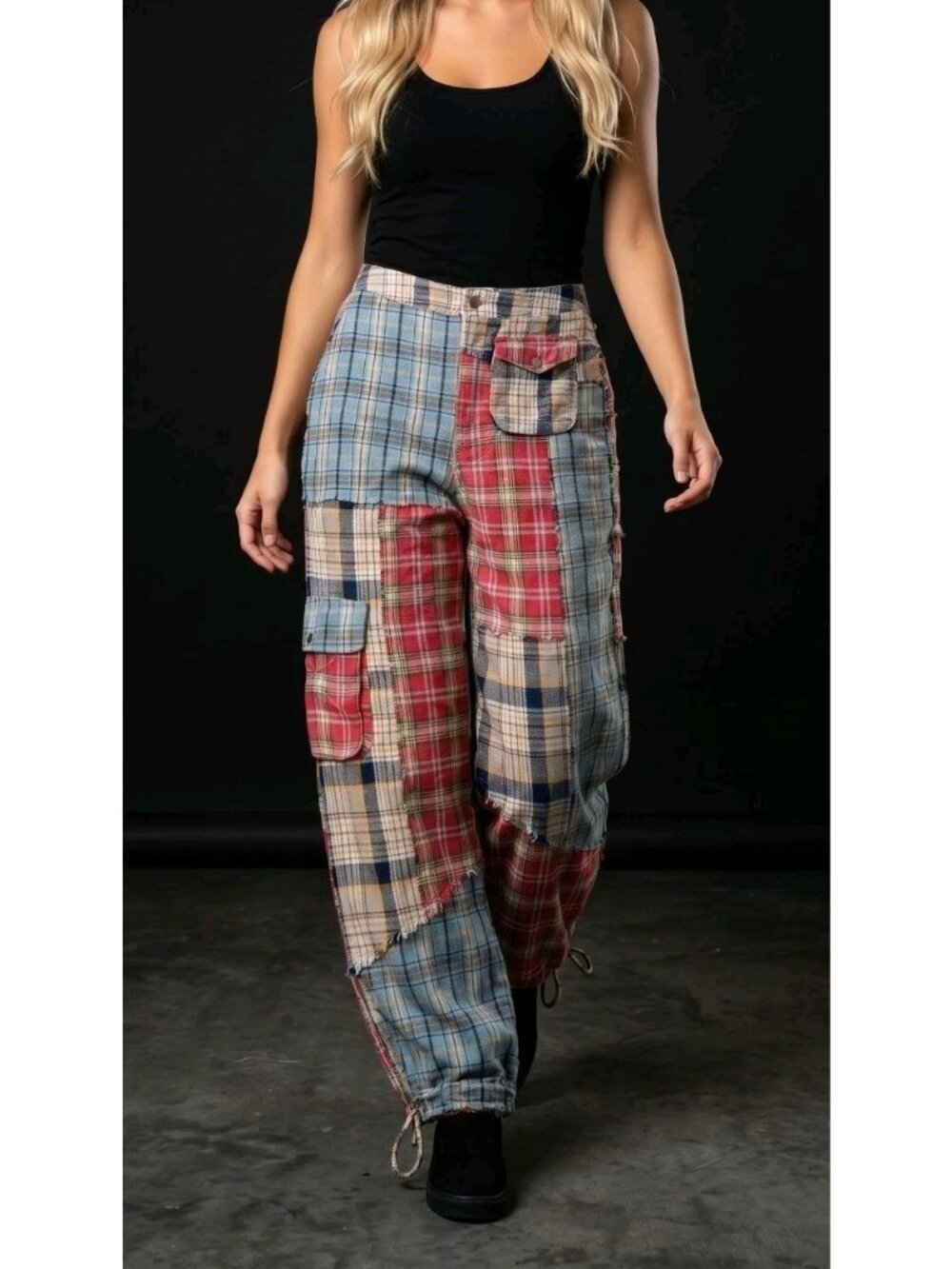 Oli & Hali Trousers Joggers Pants Sz M Plaid Patchwork Flannel Cotton Hippie